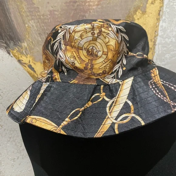 Reversible Satin Black and Gold Chain Print Bucket Hat - Picture 7 of 10